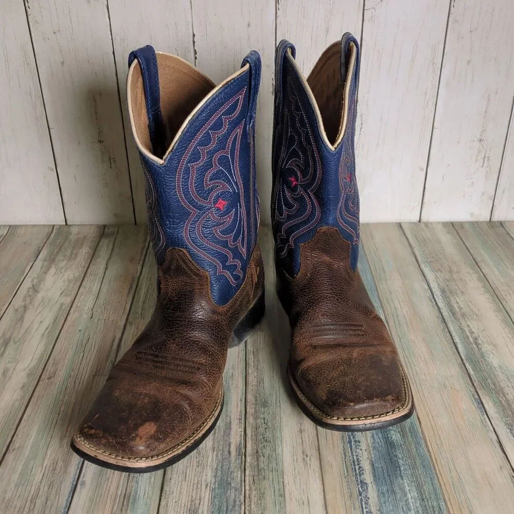 Ariat Quickdraw Brown Blue Red Leather Western Boots Kids 4.5 Cowboy Rodeo USA